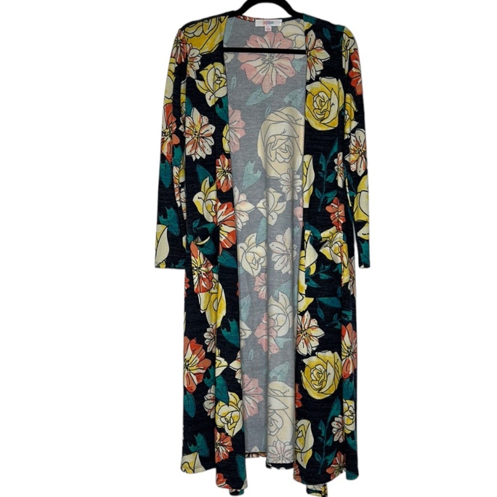 LULAROE Navy, Orange, Yellow, White, & Green Floral Print Long Duster Cardigan